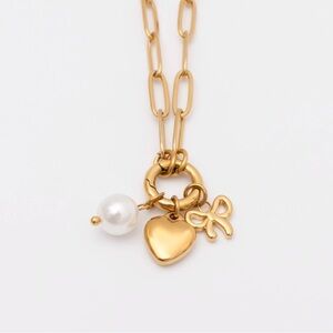 18KT Gold PVD Stainless Steel Bow Charm Holder Necklace WHITE OR YELLOW GOLD NWT